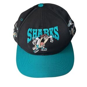 Vintage San Jose Sharks Hat‎ Cap Snap Back Black Teal NHL Hockey Cartoon 90s